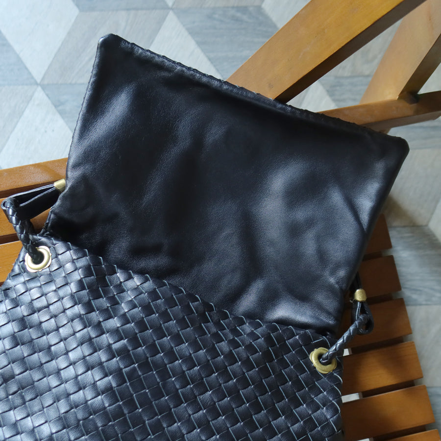 Bottega Veneta Black Nappa Leather Intrecciato Ring Hardware details Hobo Shoulder Flap Bag