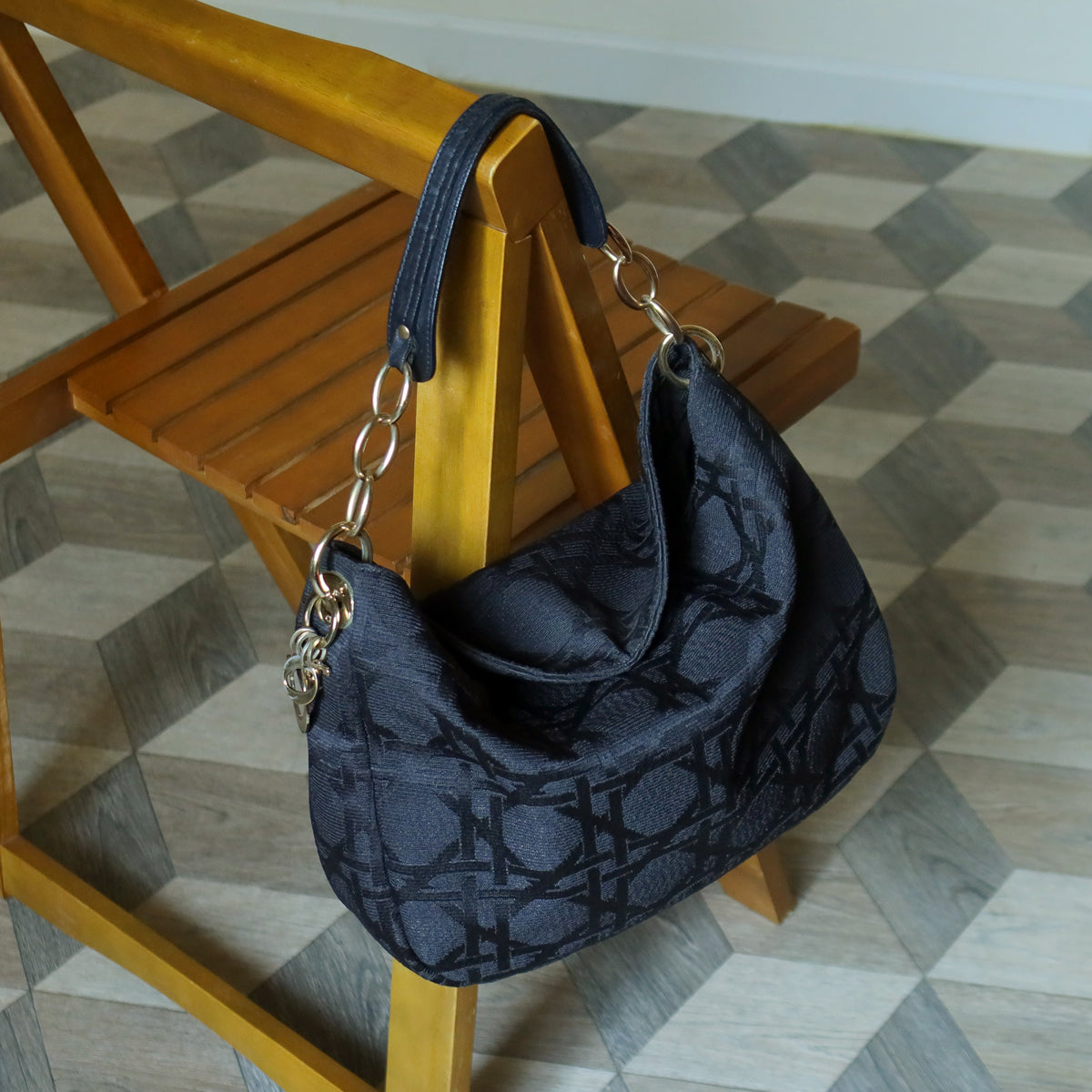 Christian Dior Vintage Black Cannage Dior Charm Shoulder Hobo Bag