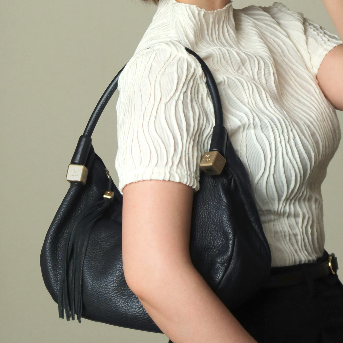Chanel Vintage Black Calfskin CC Dice Fringe Charm 2way Hobo Bag S2
