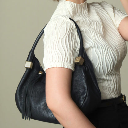 Chanel Vintage Black Calfskin CC Dice Fringe Charm 2way Hobo Bag S2
