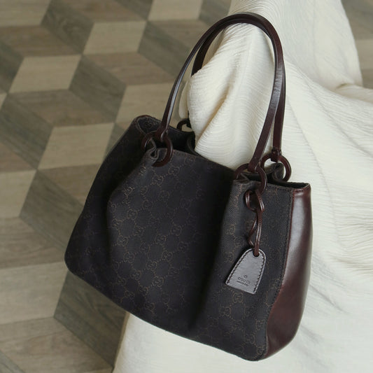 Gucci Vintage Dark Brown Canvas Leather GG Monogram Daily Tote Shoulder Bag