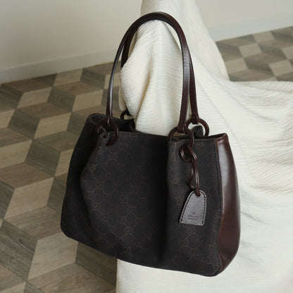 Gucci Vintage Dark Brown Canvas Leather GG Monogram Daily Tote Shoulder Bag