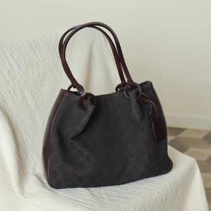 Gucci Vintage Dark Brown Canvas Leather GG Monogram Daily Tote Shoulder Bag