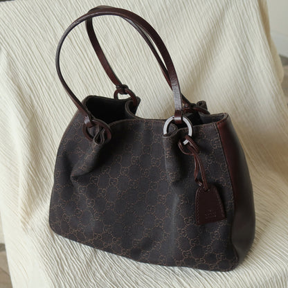 Gucci Vintage Dark Brown Canvas Leather GG Monogram Daily Tote Shoulder Bag