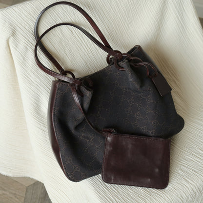 Gucci Vintage Dark Brown Canvas Leather GG Monogram Daily Tote Shoulder Bag