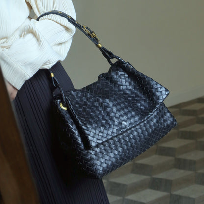 Bottega Veneta Black Nappa Leather Intrecciato Ring Hardware details Hobo Shoulder Flap Bag