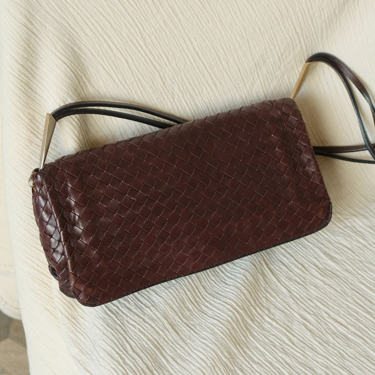 Bottega Veneta Vintage Dark Brown Leather Intrecciato Sardine Crossbody Flap Bag