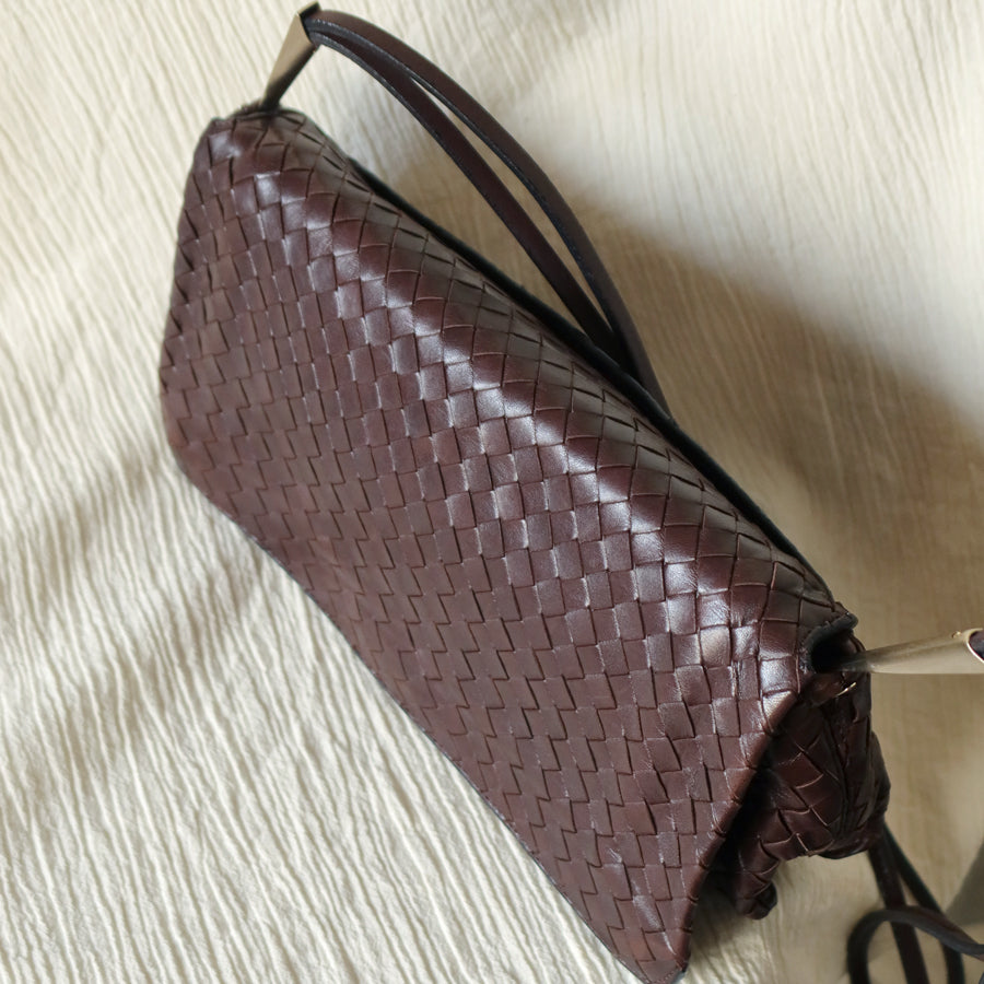Bottega Veneta Vintage Dark Brown Leather Intrecciato Sardine Crossbody Flap Bag