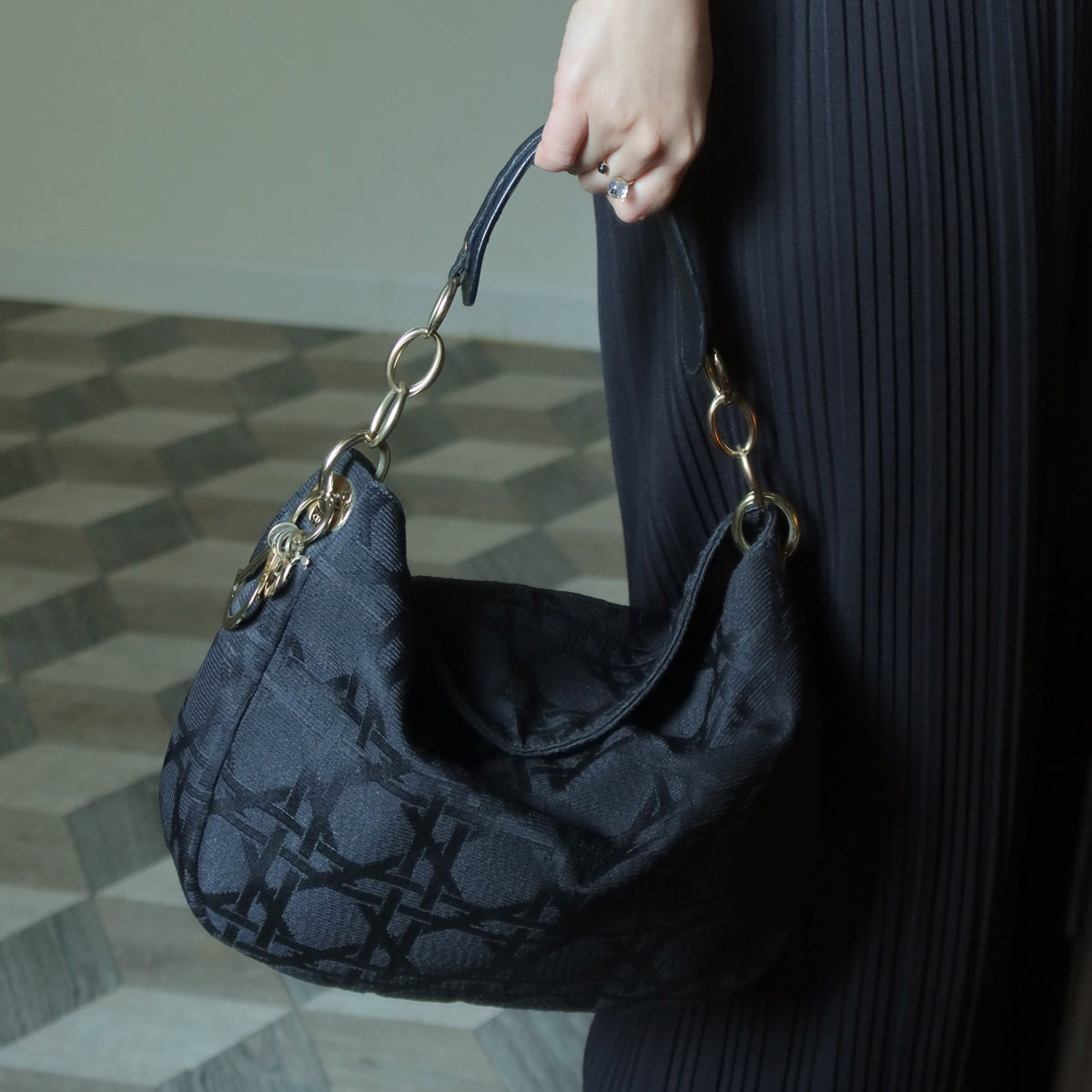 Christian Dior Vintage Black Cannage Dior Charm Shoulder Hobo Bag