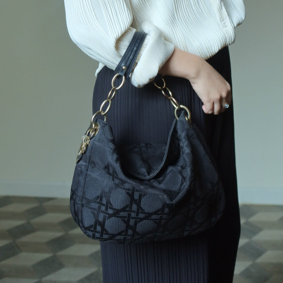 Christian Dior Vintage Black Cannage Dior Charm Shoulder Hobo Bag