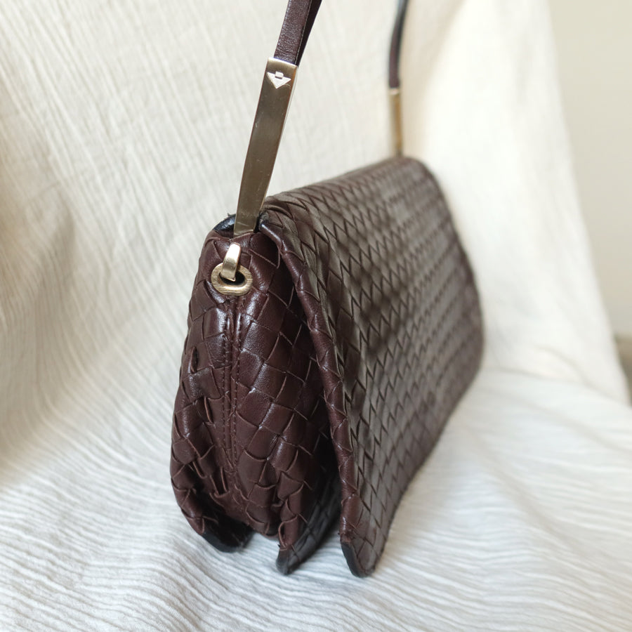 Bottega Veneta Vintage Dark Brown Leather Intrecciato Sardine Crossbody Flap Bag