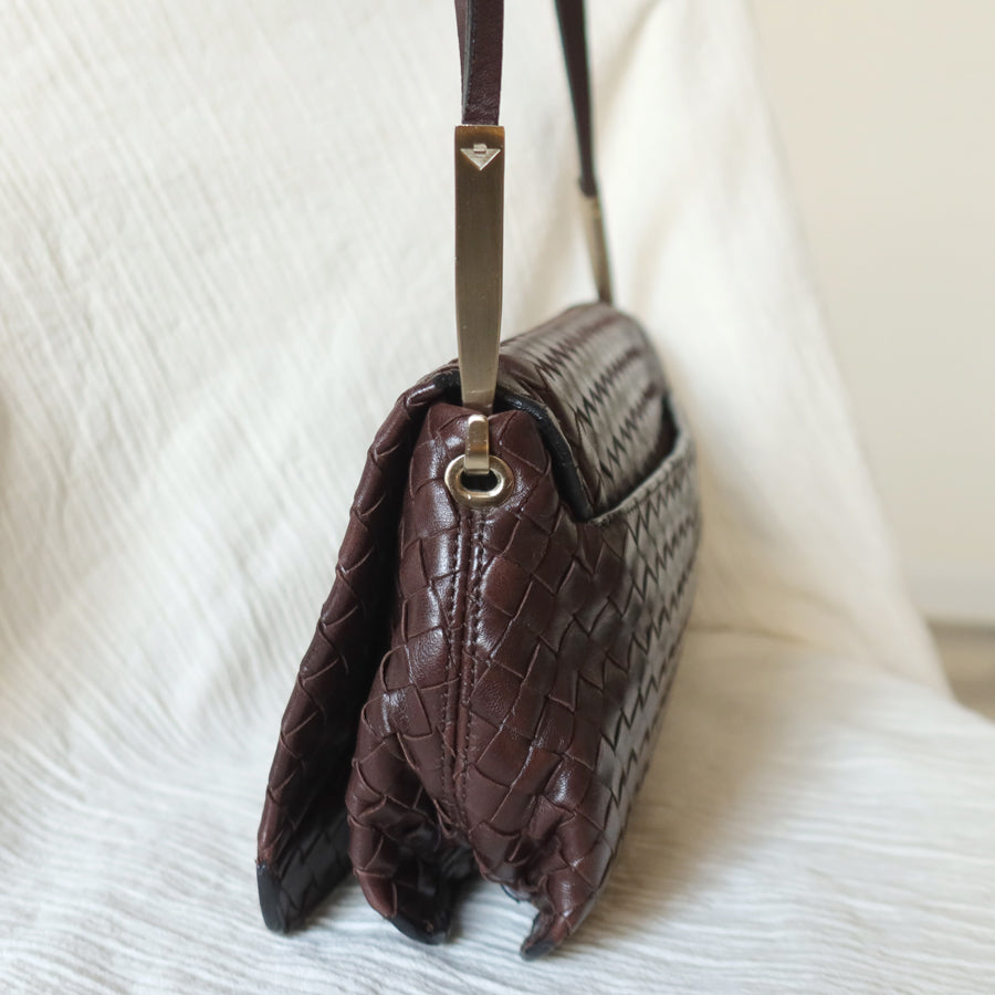 Bottega Veneta Vintage Dark Brown Leather Intrecciato Sardine Crossbody Flap Bag
