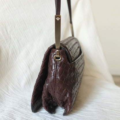 Bottega Veneta Vintage Dark Brown Leather Intrecciato Sardine Crossbody Flap Bag