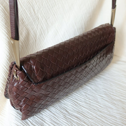 Bottega Veneta Vintage Dark Brown Leather Intrecciato Sardine Crossbody Flap Bag