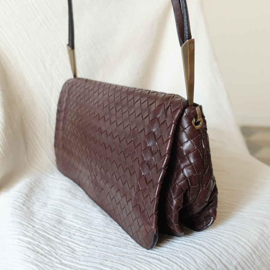 Bottega Veneta Vintage Dark Brown Leather Intrecciato Sardine Crossbody Flap Bag
