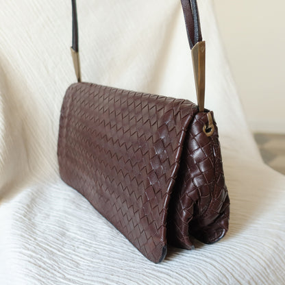 Bottega Veneta Vintage Dark Brown Leather Intrecciato Sardine Crossbody Flap Bag