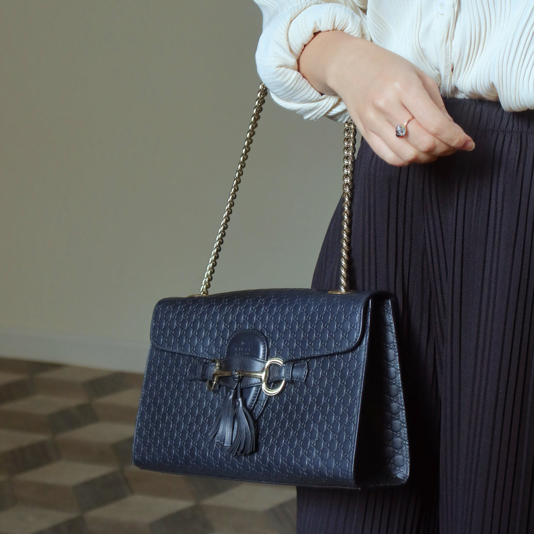 Gucci Vintage Dark Navy GG Guccissima Horsebit Chain Strap Shoulder Bag