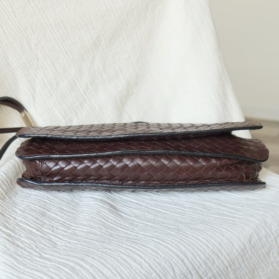 Bottega Veneta Vintage Dark Brown Leather Intrecciato Sardine Crossbody Flap Bag