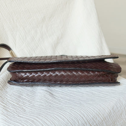 Bottega Veneta Vintage Dark Brown Leather Intrecciato Sardine Crossbody Flap Bag