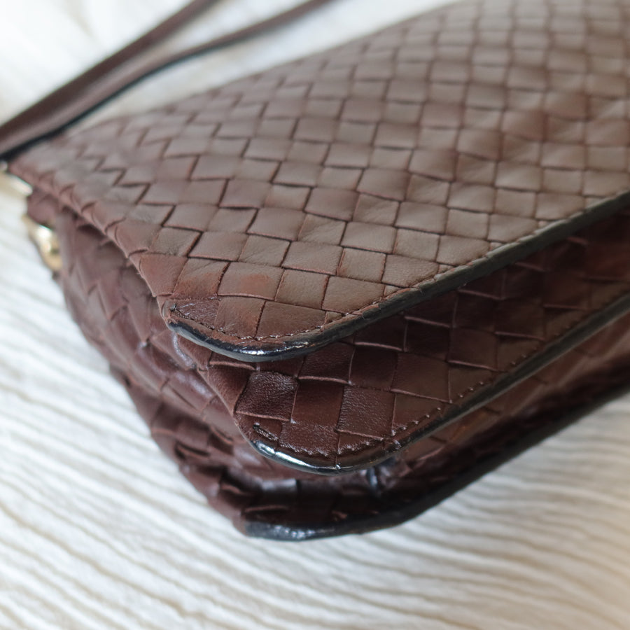 Bottega Veneta Vintage Dark Brown Leather Intrecciato Sardine Crossbody Flap Bag
