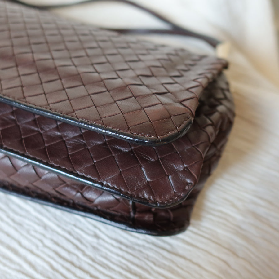 Bottega Veneta Vintage Dark Brown Leather Intrecciato Sardine Crossbody Flap Bag
