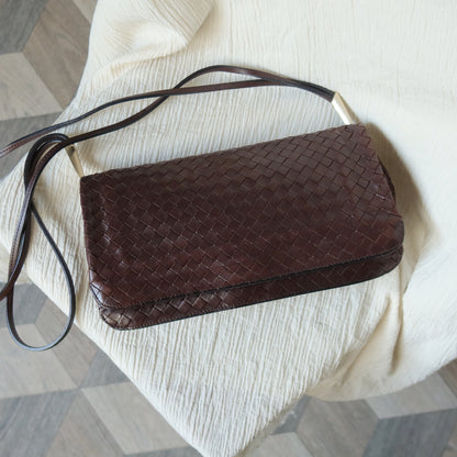 Bottega Veneta Vintage Dark Brown Leather Intrecciato Sardine Crossbody Flap Bag