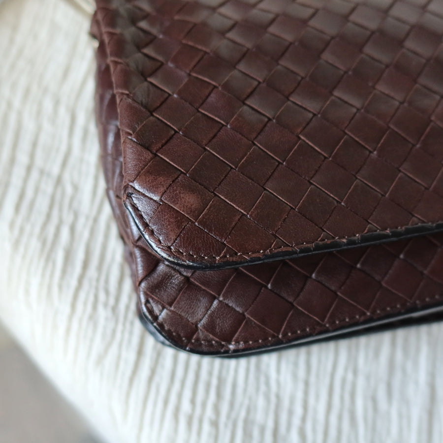 Bottega Veneta Vintage Dark Brown Leather Intrecciato Sardine Crossbody Flap Bag