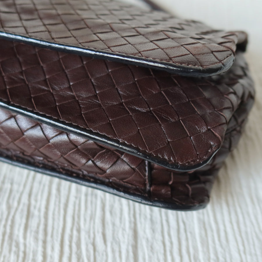 Bottega Veneta Vintage Dark Brown Leather Intrecciato Sardine Crossbody Flap Bag