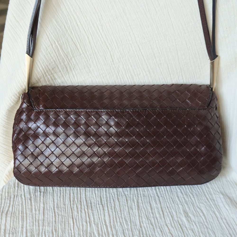 Bottega Veneta Vintage Dark Brown Leather Intrecciato Sardine Crossbody Flap Bag