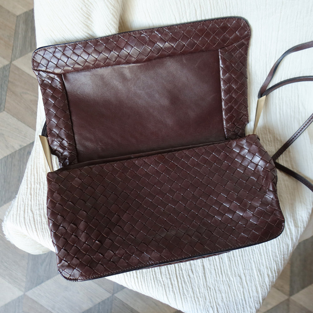 Bottega Veneta Vintage Dark Brown Leather Intrecciato Sardine Crossbody Flap Bag