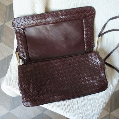 Bottega Veneta Vintage Dark Brown Leather Intrecciato Sardine Crossbody Flap Bag