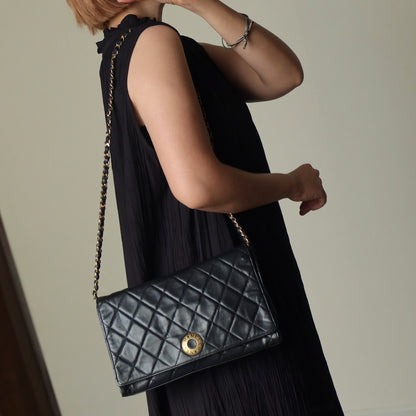 Rare Chanel Vintage Black Lambskin Diamond Quilted Logo Brooch Flap Bag