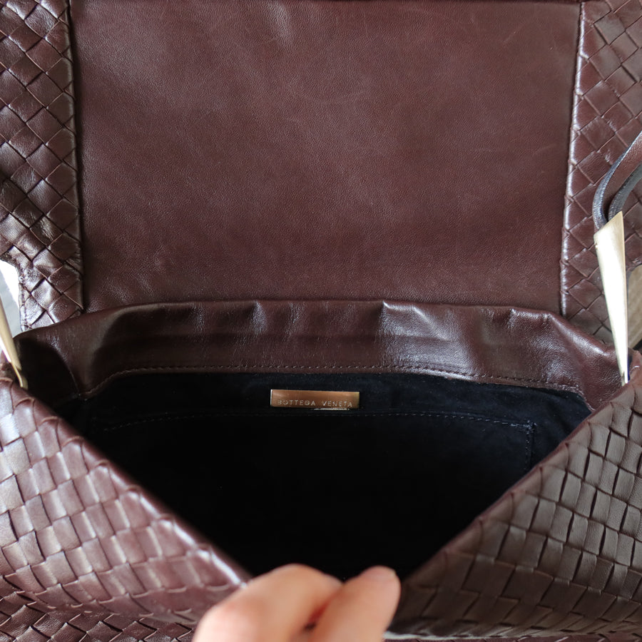 Bottega Veneta Vintage Dark Brown Leather Intrecciato Sardine Crossbody Flap Bag
