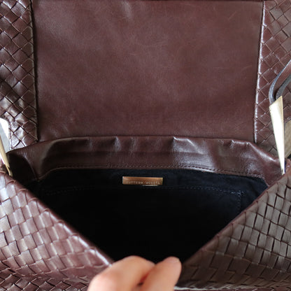Bottega Veneta Vintage Dark Brown Leather Intrecciato Sardine Crossbody Flap Bag