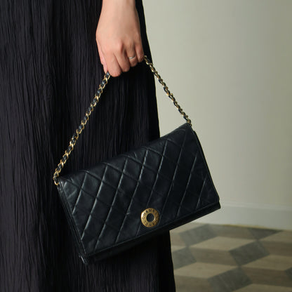 Rare Chanel Vintage Black Lambskin Diamond Quilted Logo Brooch Flap Bag