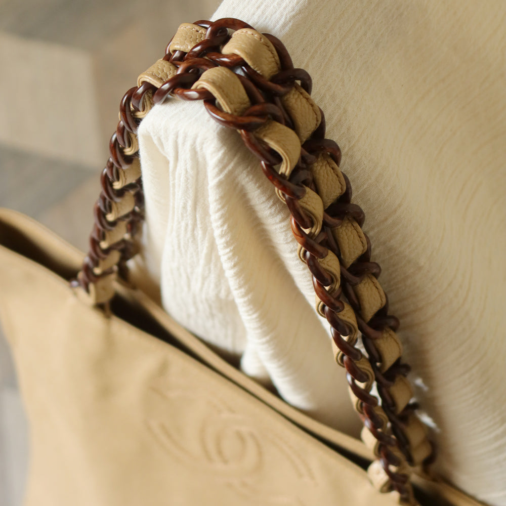 Chanel Vintage Light Beige Caviar Leather Tortoise shell Chain Shoulder Tote Bag