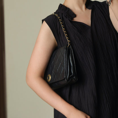 Rare Chanel Vintage Black Lambskin Diamond Quilted Logo Brooch Flap Bag
