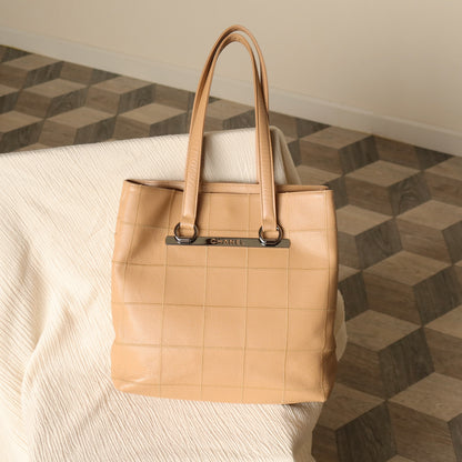 Chanel Vintage Chocolate Bar Stitching Light Pink Beige Calfskin Leather Shoulder Tote Bag