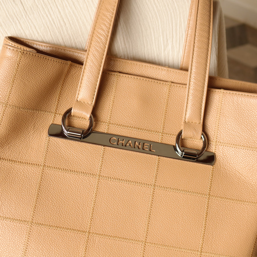 Chanel Vintage Chocolate Bar Stitching Light Pink Beige Calfskin Leather Shoulder Tote Bag