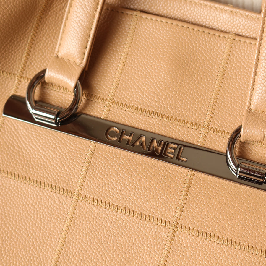 Chanel Vintage Chocolate Bar Stitching Light Pink Beige Calfskin Leather Shoulder Tote Bag