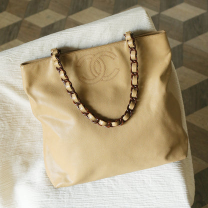 Chanel Vintage Light Beige Caviar Leather Tortoise shell Chain Shoulder Tote Bag