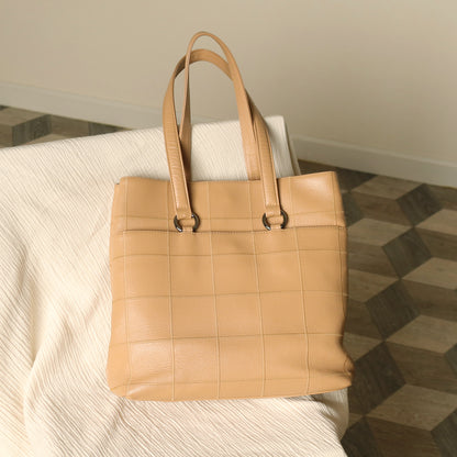 Chanel Vintage Chocolate Bar Stitching Light Pink Beige Calfskin Leather Shoulder Tote Bag