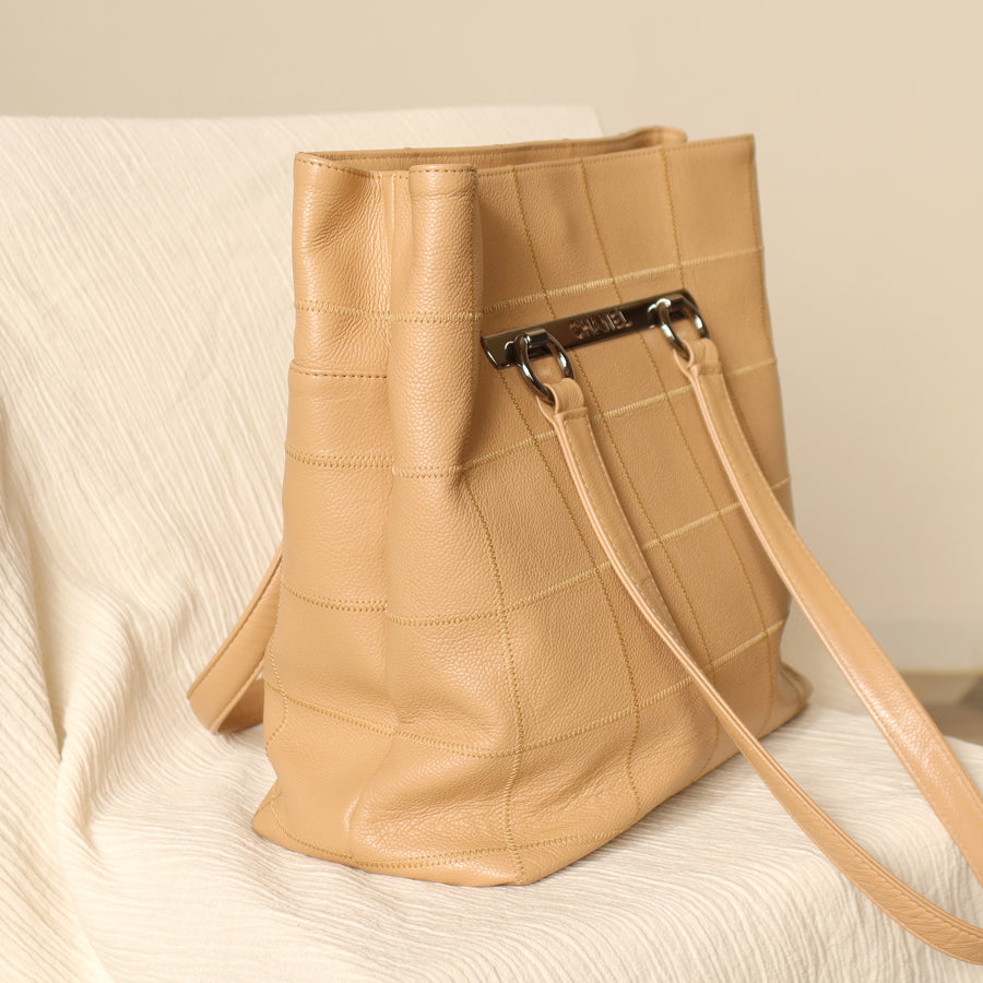 Chanel Vintage Chocolate Bar Stitching Light Pink Beige Calfskin Leather Shoulder Tote Bag