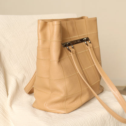 Chanel Vintage Chocolate Bar Stitching Light Pink Beige Calfskin Leather Shoulder Tote Bag