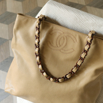 Chanel Vintage Light Beige Caviar Leather Tortoise shell Chain Shoulder Tote Bag