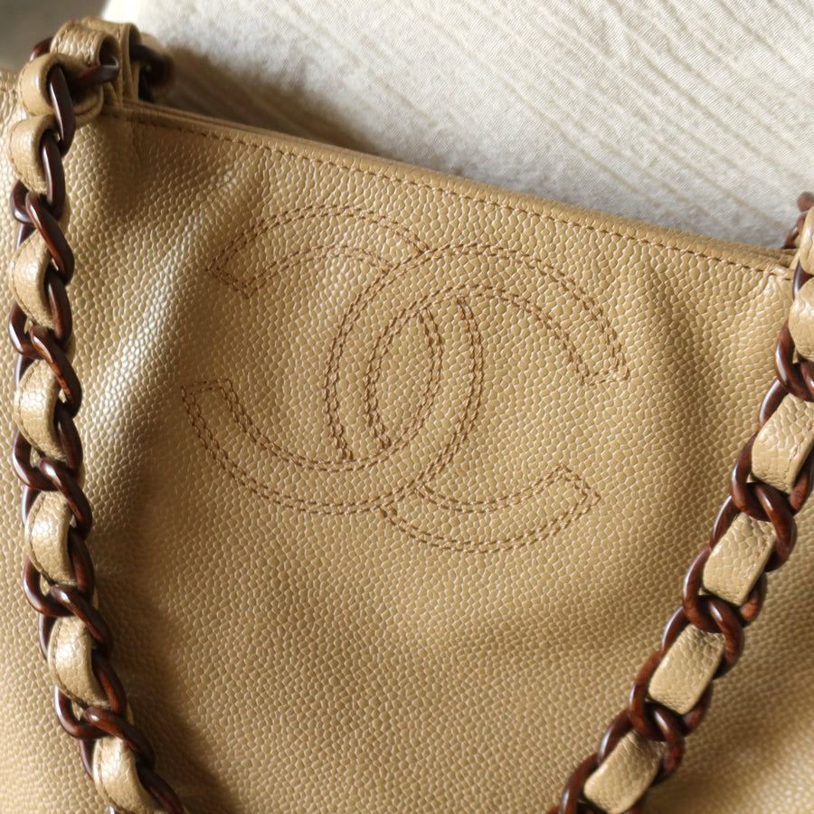 Chanel Vintage Light Beige Caviar Leather Tortoise shell Chain Shoulder Tote Bag
