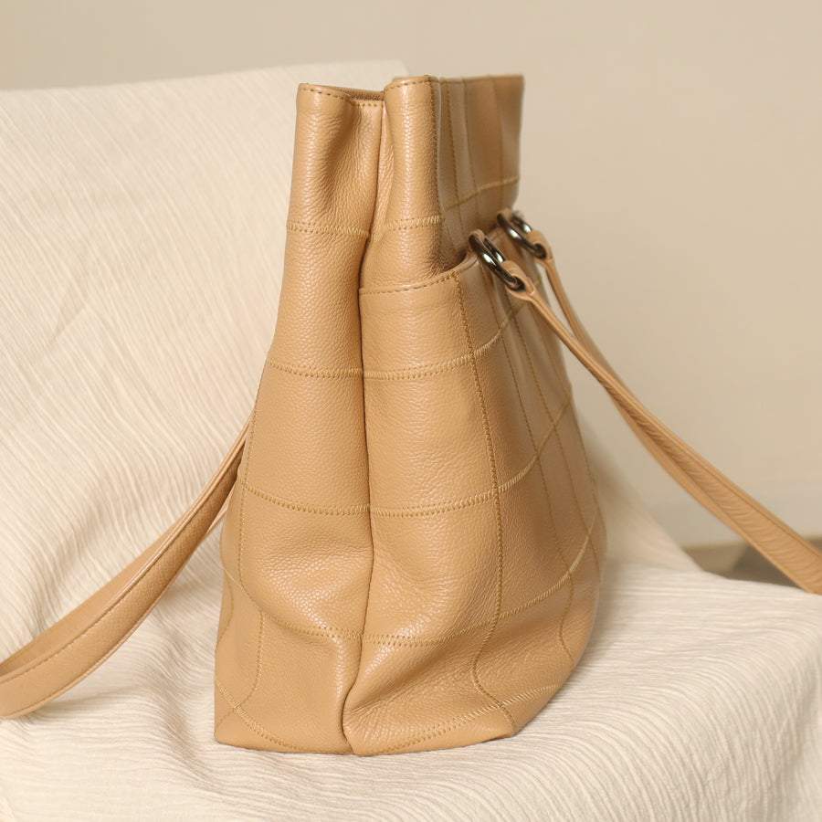 Chanel Vintage Chocolate Bar Stitching Light Pink Beige Calfskin Leather Shoulder Tote Bag