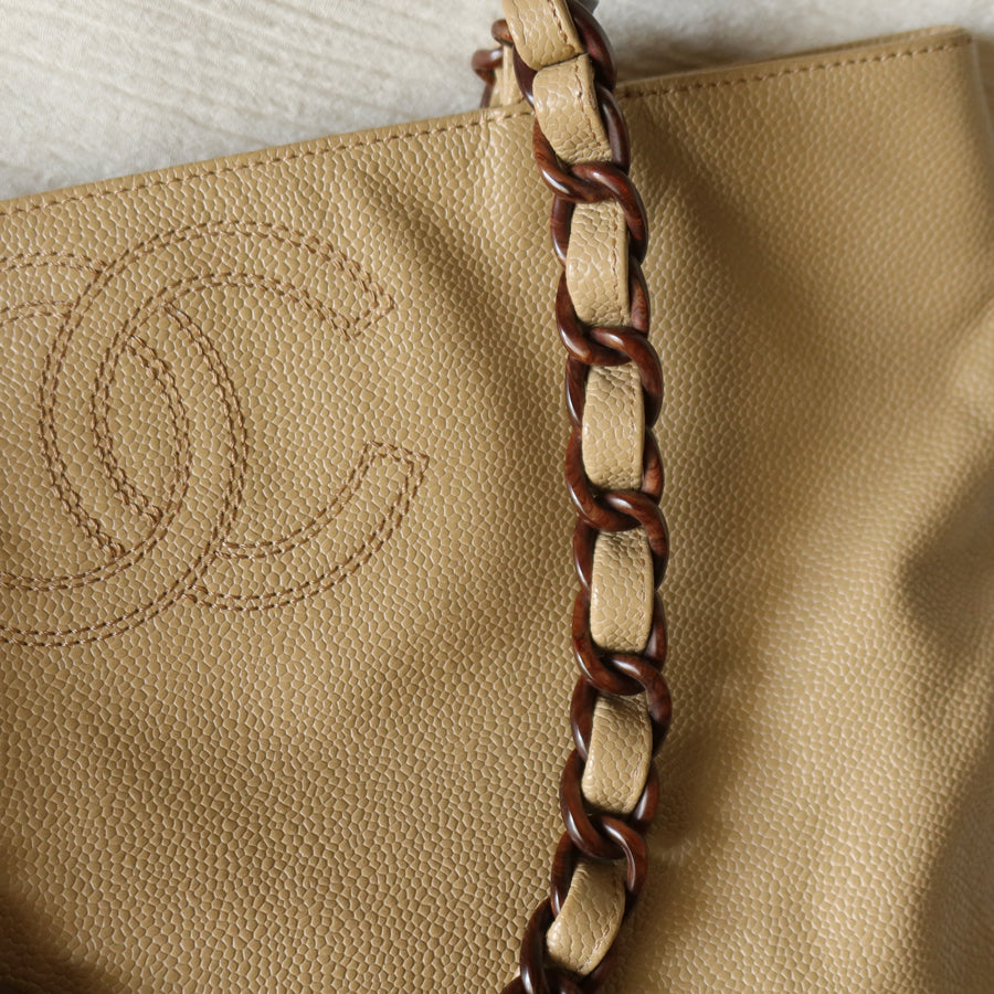 Chanel Vintage Light Beige Caviar Leather Tortoise shell Chain Shoulder Tote Bag