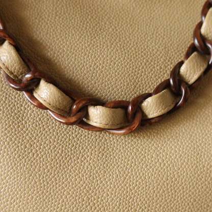 Chanel Vintage Light Beige Caviar Leather Tortoise shell Chain Shoulder Tote Bag