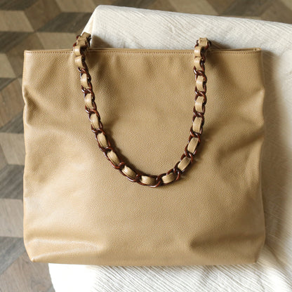 Chanel Vintage Light Beige Caviar Leather Tortoise shell Chain Shoulder Tote Bag